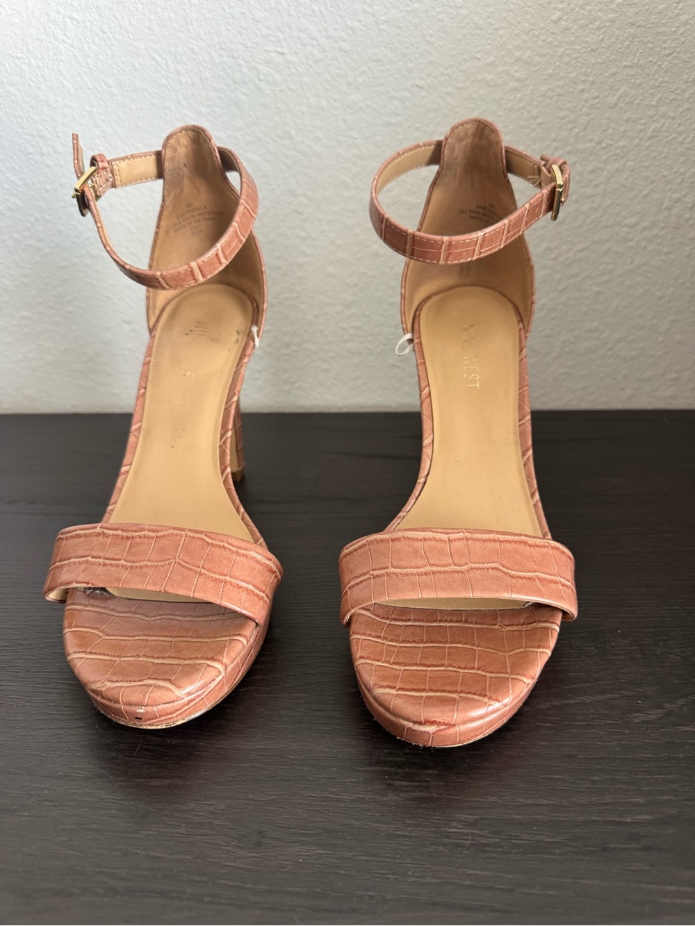 Nine West Croc-Embossed Ankle-Strap Heels in Blush Pink